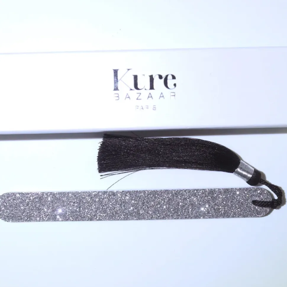 Glitzer Nagelfeile Silber mit schwarzem Pompon