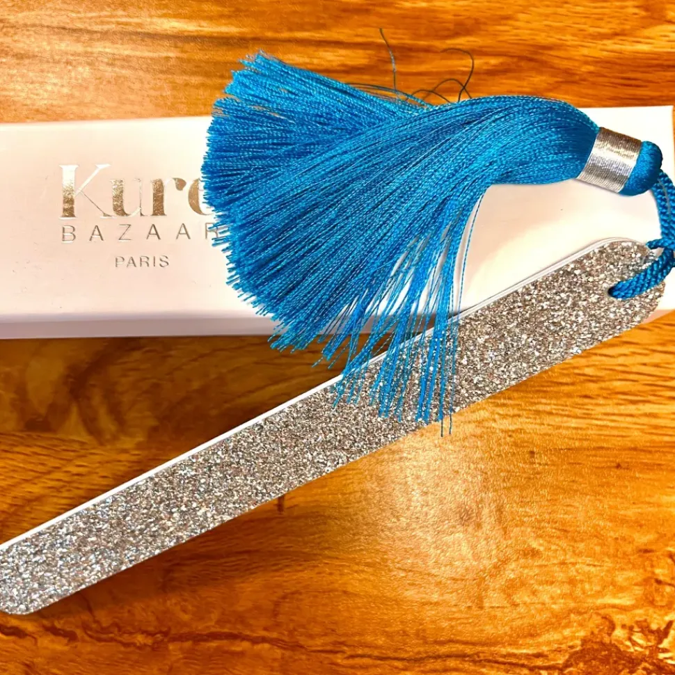 Glitzer Nagelfeile Silber mit blauem Pompon